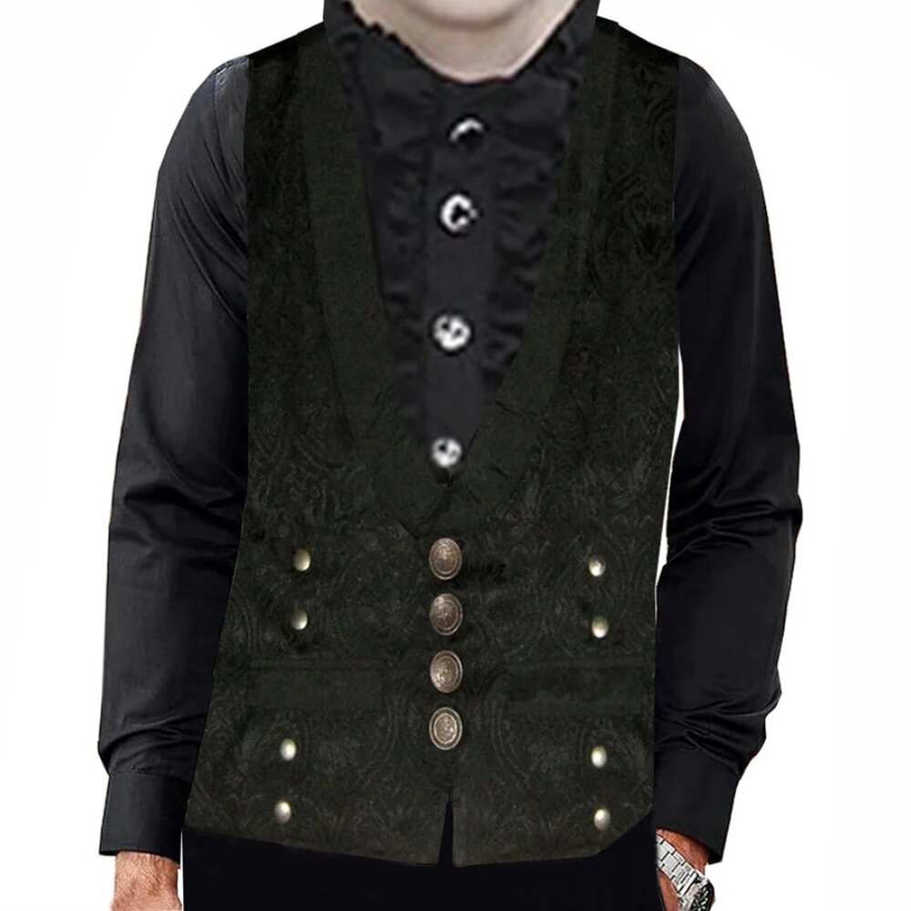 Victorian Steampunk Edwardian Western Brocade Gothic Black Men's Vest - Picture 3 of 4